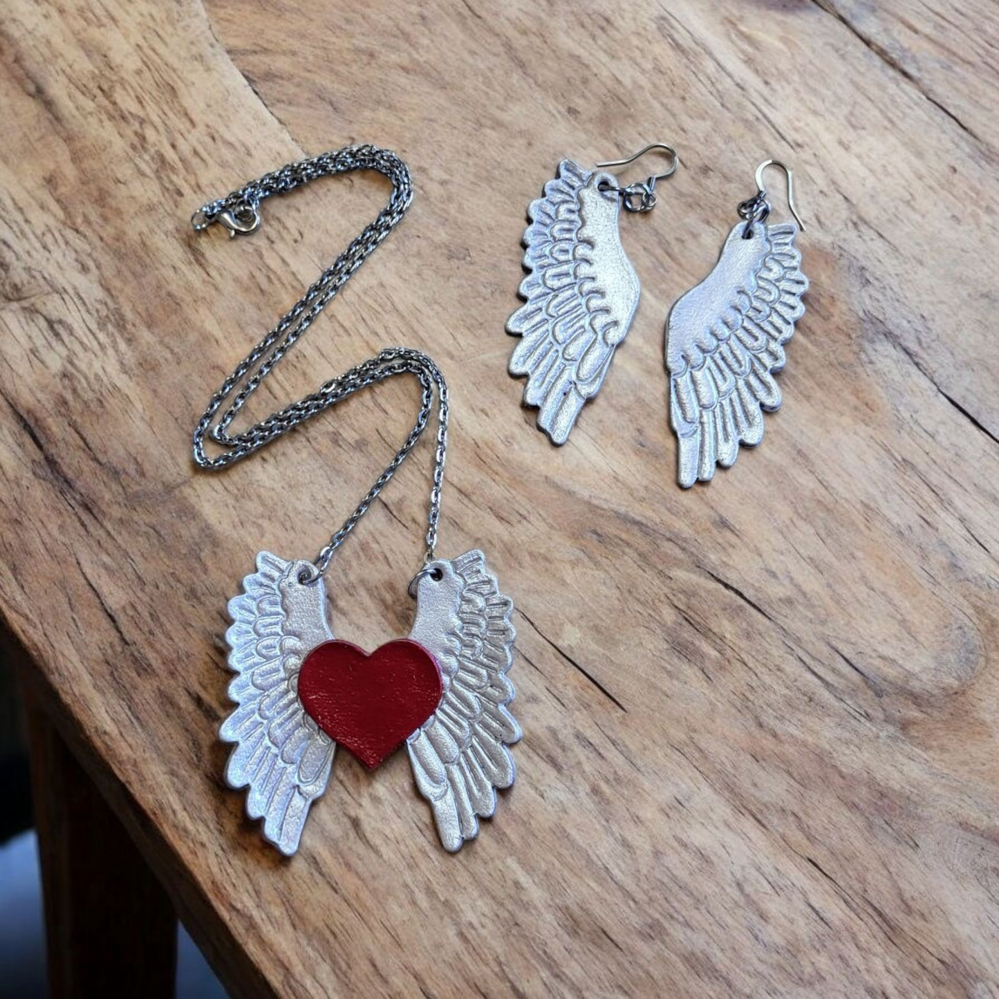 Hand-Painted Leather Wing Earrings & Necklace Set