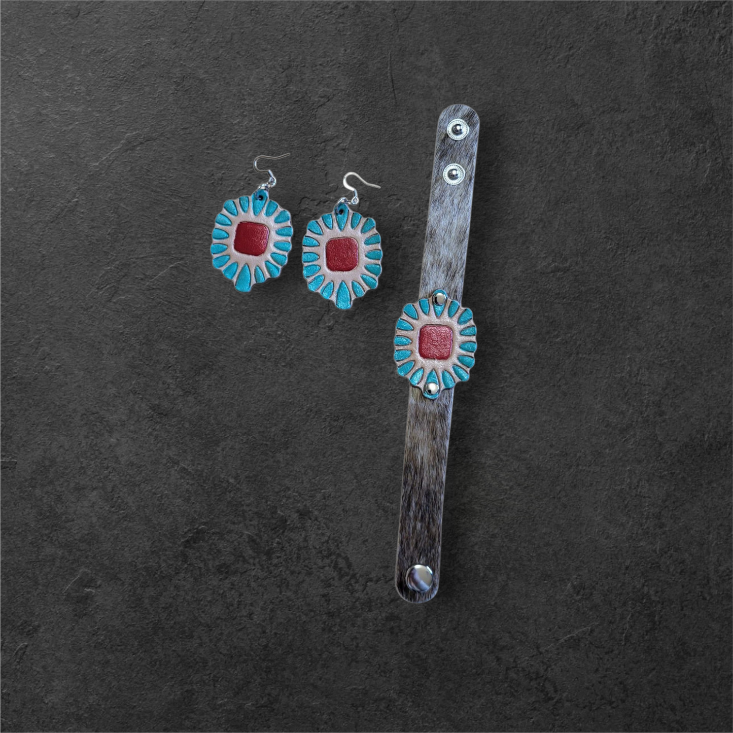 Hand-Painted Leather Earring & Bracelet Set
