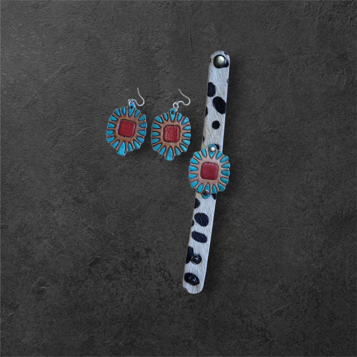 Hand-Painted Leather Earring & Bracelet Set