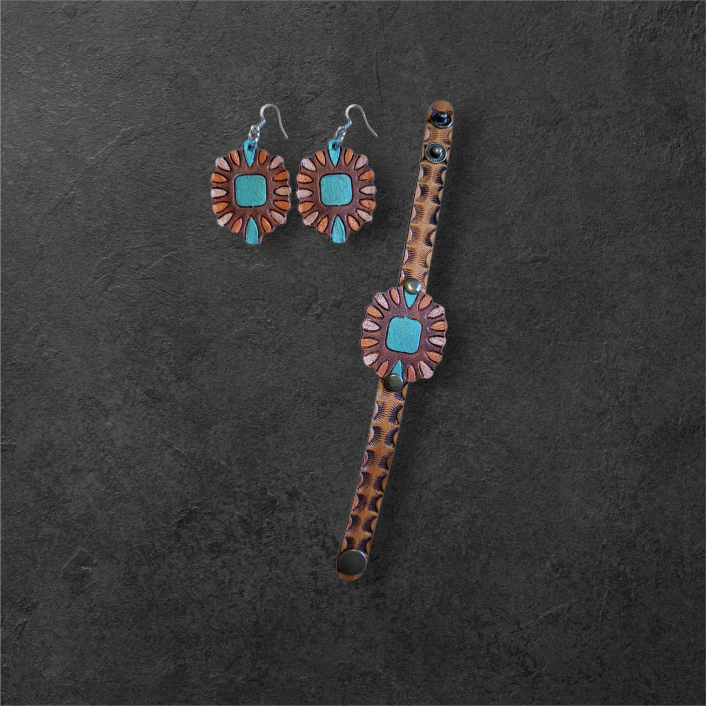 Hand-Painted Leather Earring & Bracelet Set