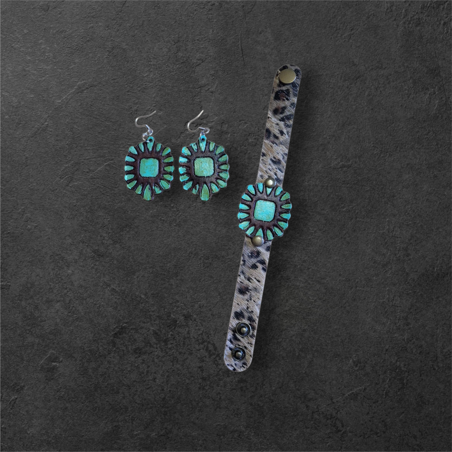 Hand-Painted Leather Earring & Bracelet Set