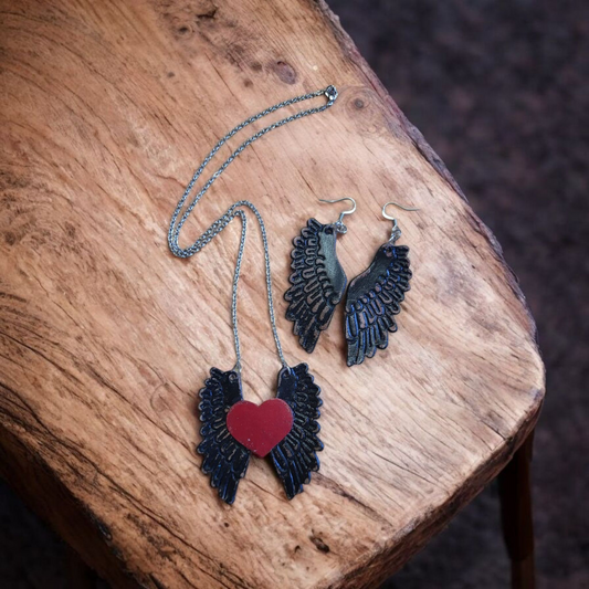 Hand-Painted Leather Wing Earrings & Necklace Set