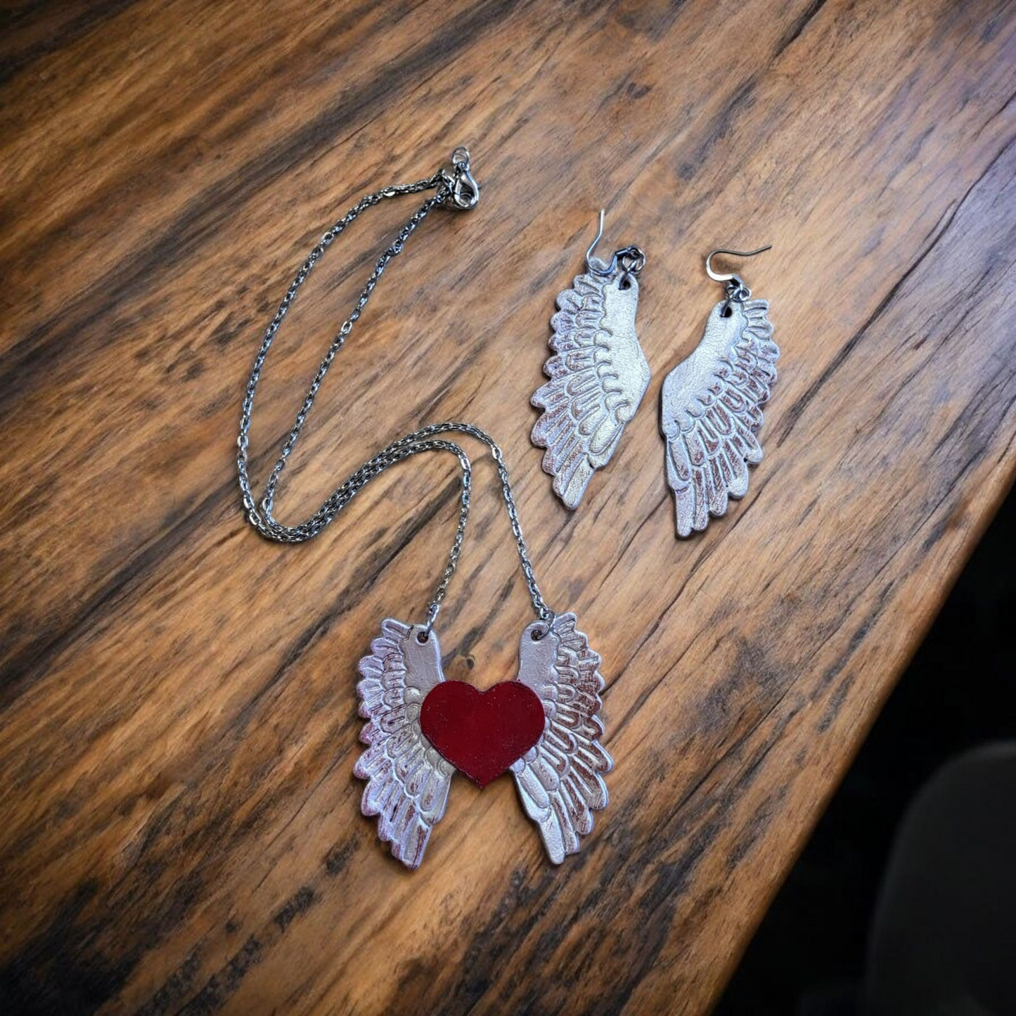 Hand-Painted Leather Wing Earrings & Necklace Set