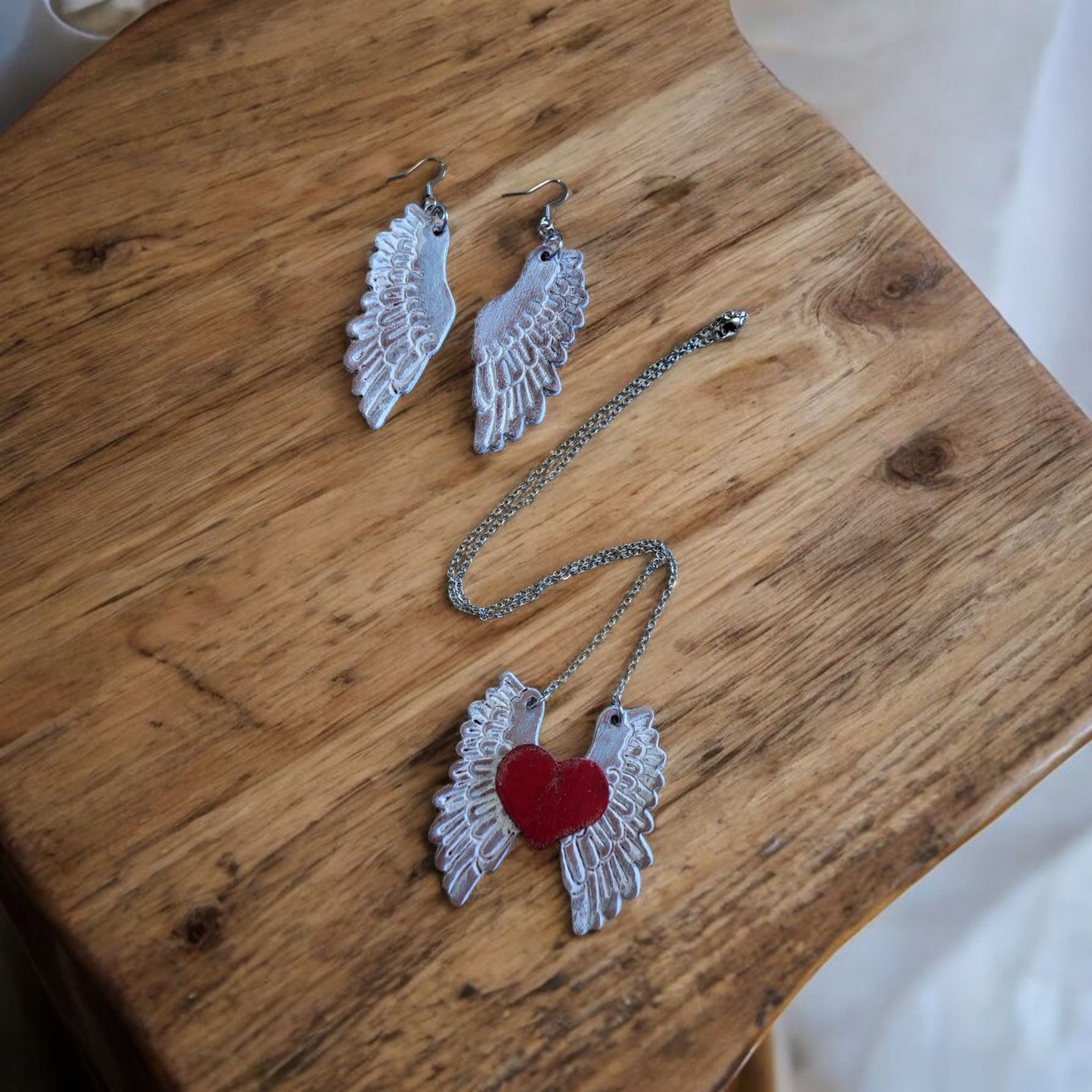 Hand-Painted Leather Wing Earrings & Necklace Set