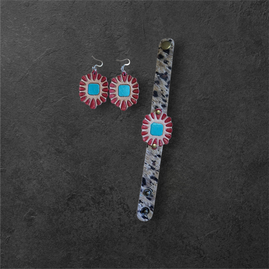 Hand-Painted Leather Earring & Bracelet Set